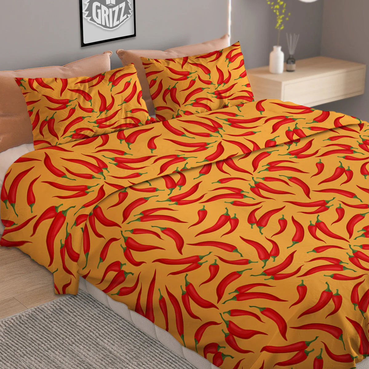 Chili Pepper And Orange Print Pattern Duvet Cover Bedding Set - Image 2