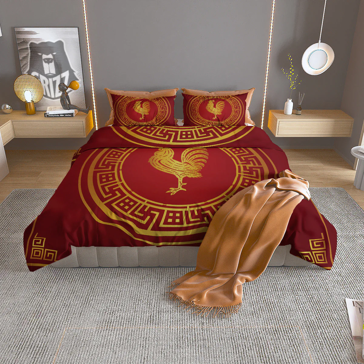 Chinese New Year Rooster Print Duvet Cover Bedding Set