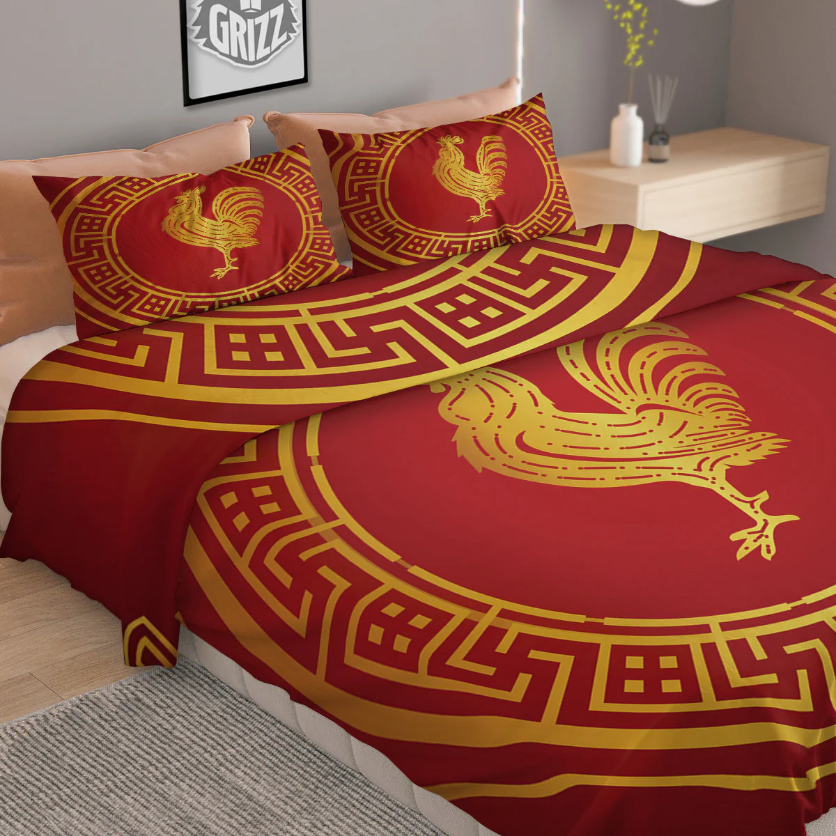 Chinese New Year Rooster Print Duvet Cover Bedding Set - Image 2