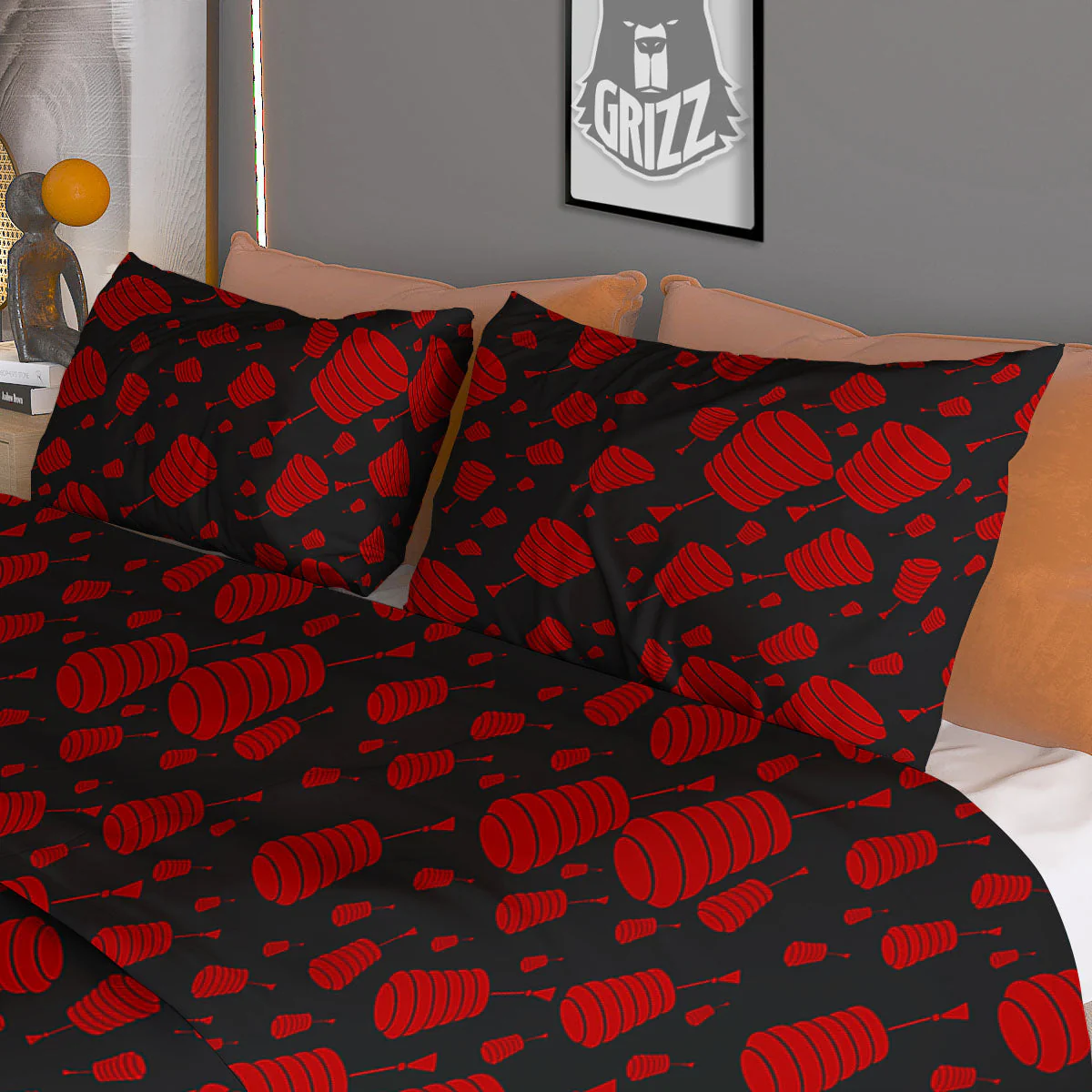 Chinese Red And Black Print Pattern Duvet Cover Bedding Set - Image 3