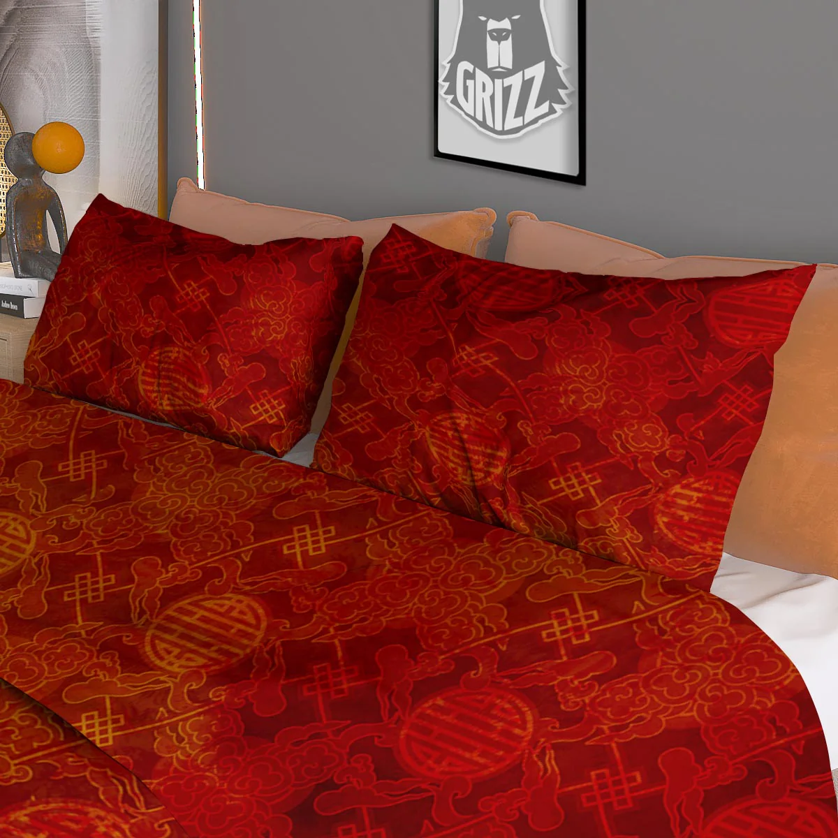 Chinese Red Print Pattern Duvet Cover Bedding Set - Image 3