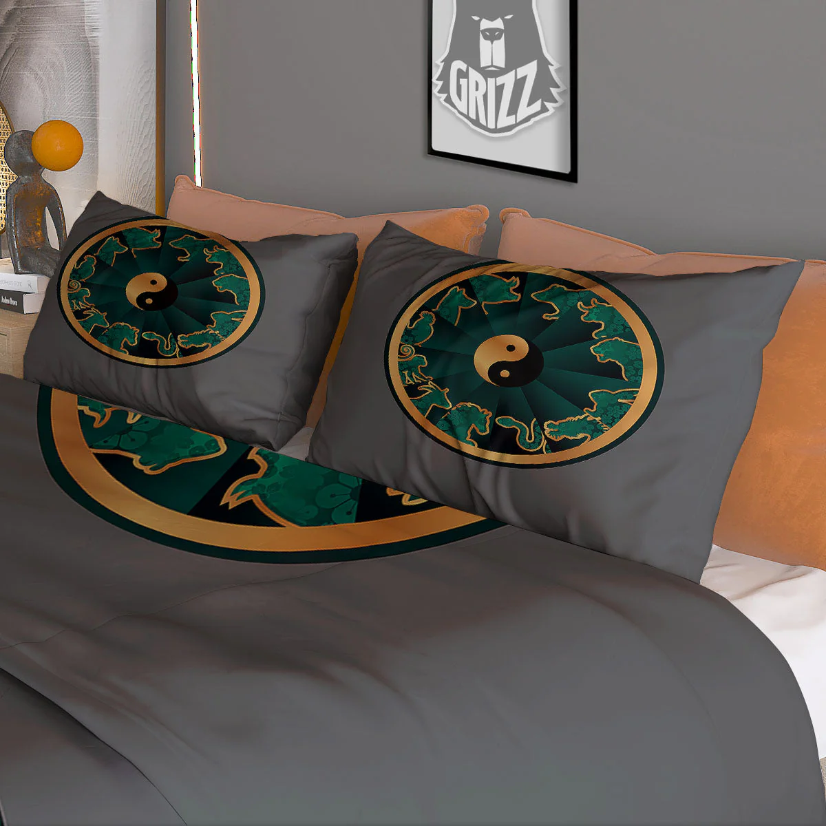 Chinese Zodiac Gold And Green Print Duvet Cover Bedding Set - Image 3