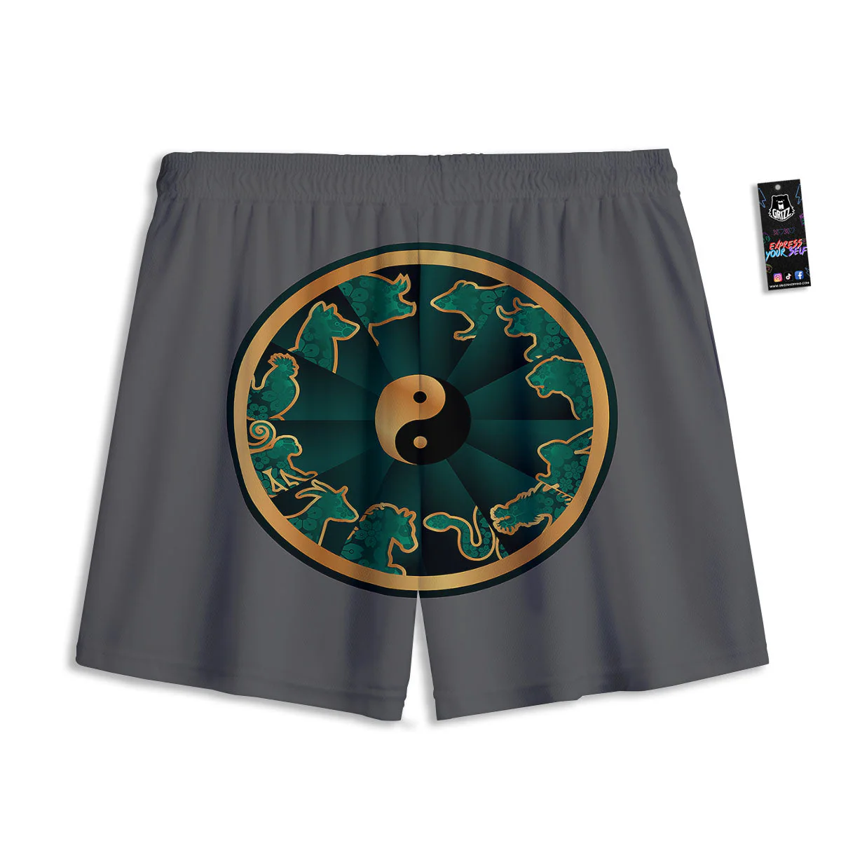 Chinese Zodiac Gold And Green Print Mesh Shorts - Image 2