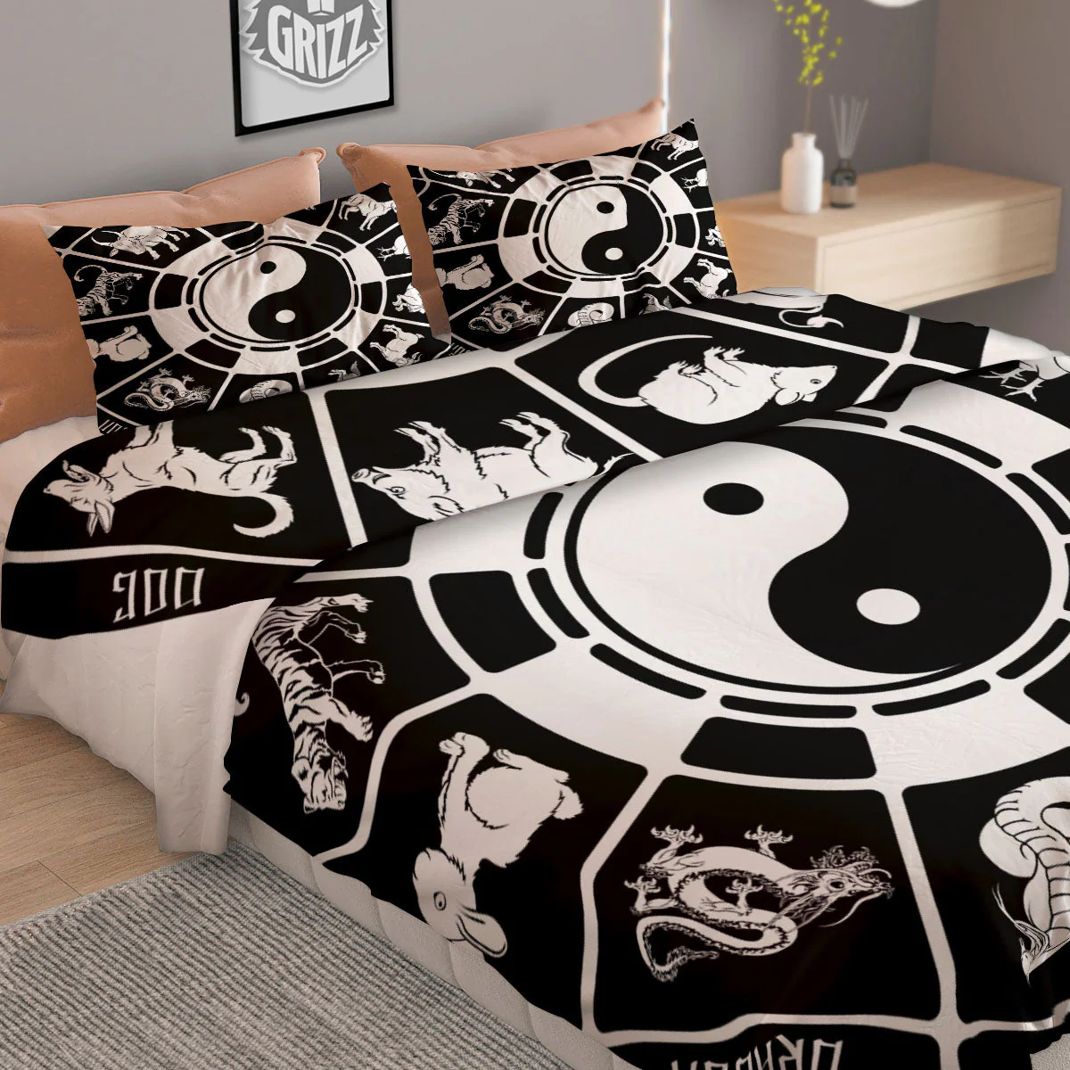 Chinese Zodiac White And Black Print Duvet Cover Bedding Set - Image 2