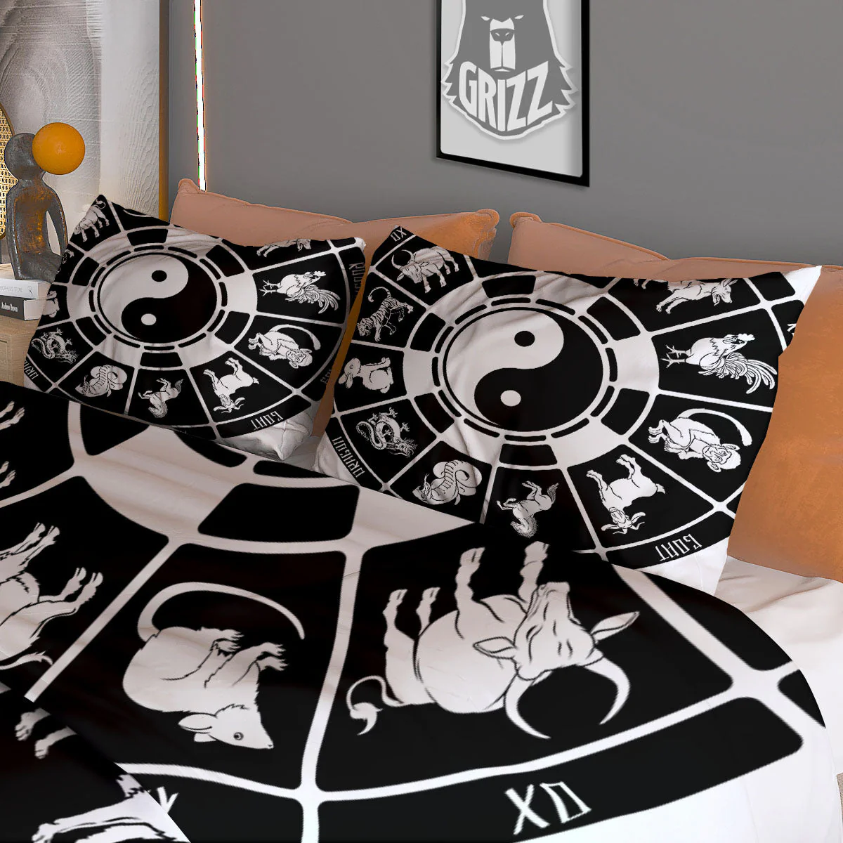 Chinese Zodiac White And Black Print Duvet Cover Bedding Set - Image 3