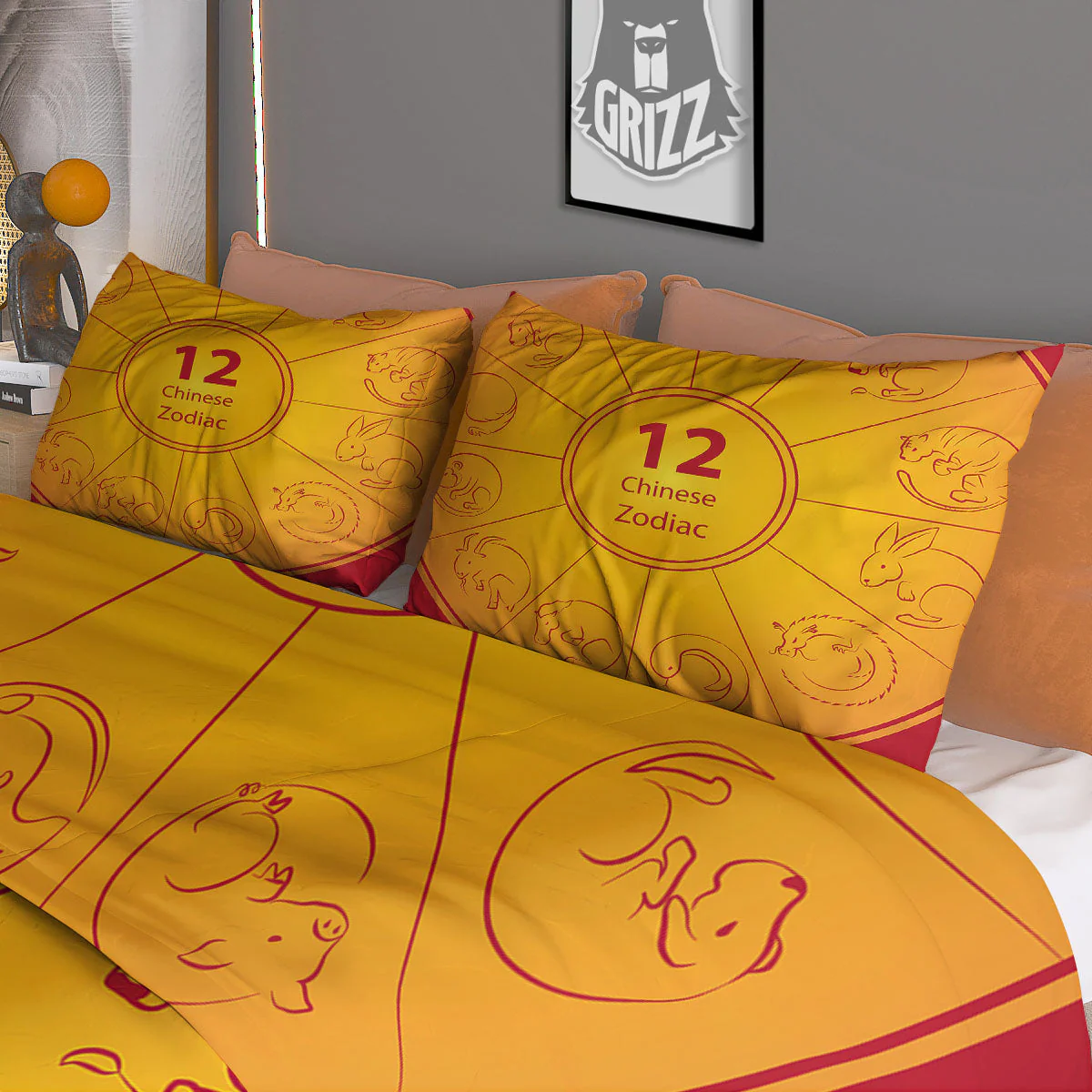 Chinese Zodiac Yellow And Red Print Duvet Cover Bedding Set - Image 3