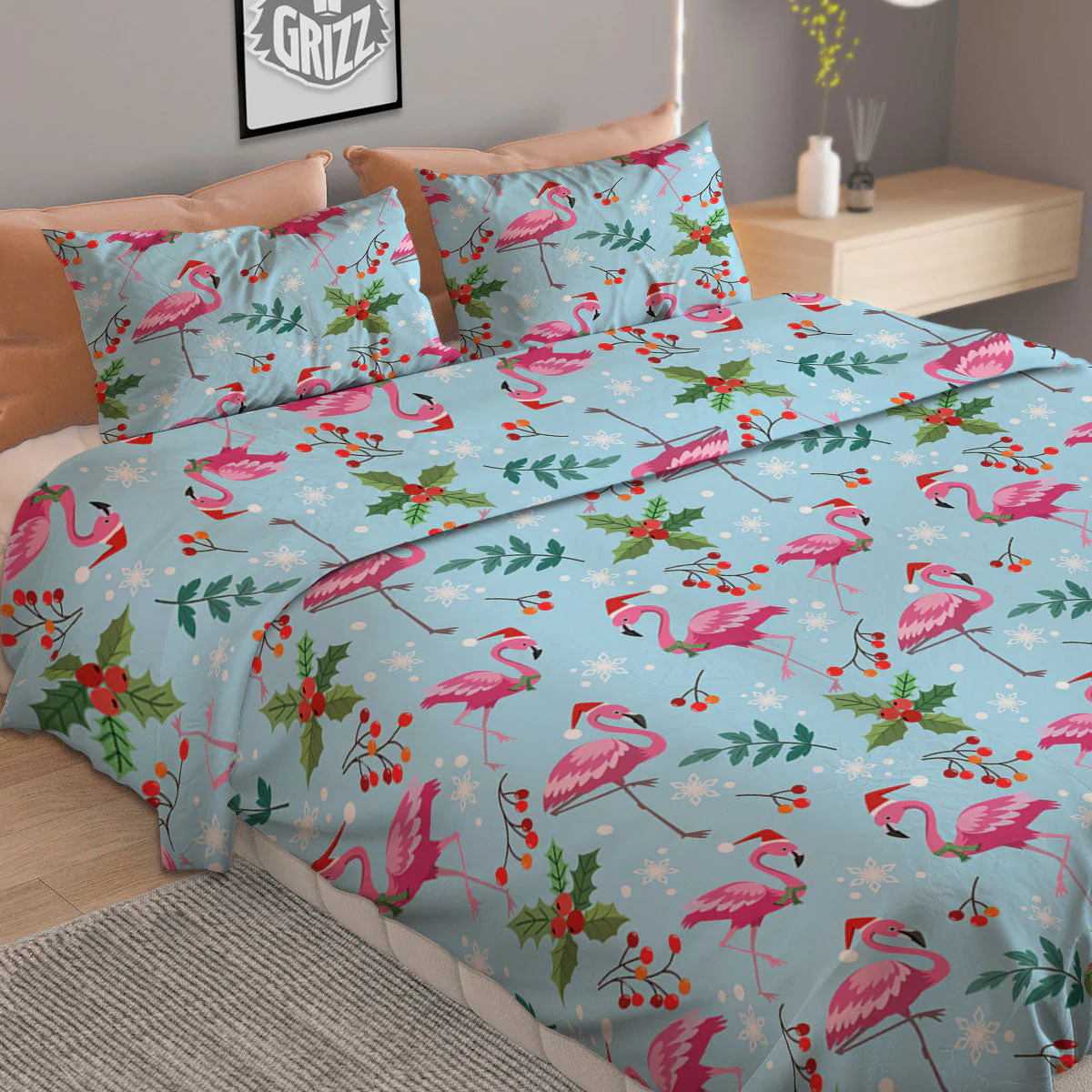 Christmas Flamingo Pink Print Pattern Duvet Cover Bedding Set - Image 2