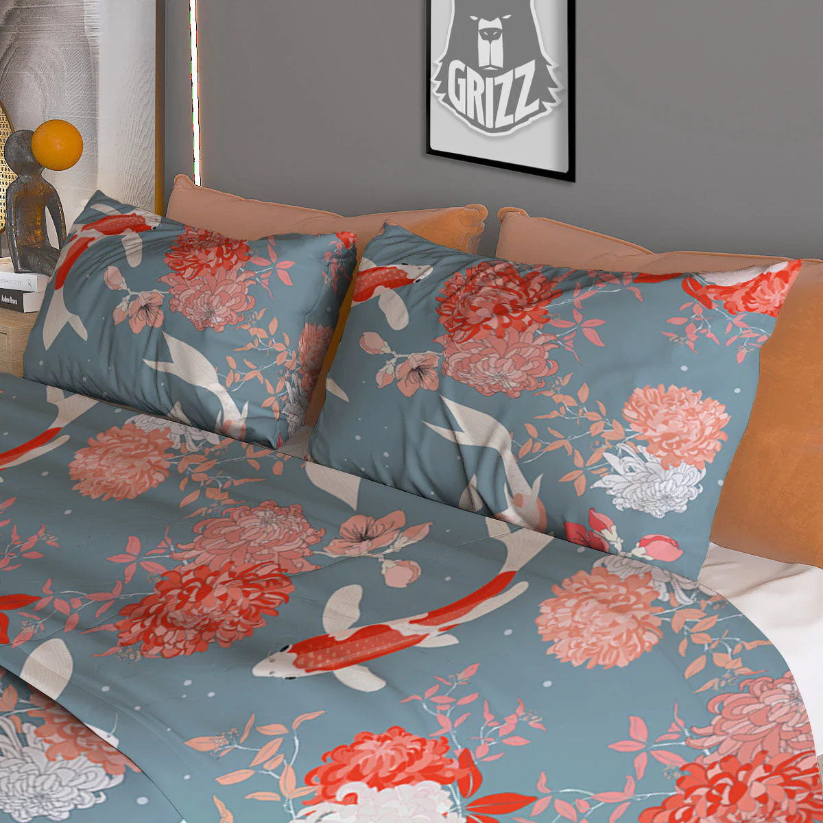 Chrysanthemum And Koi Carp Print Pattern Duvet Cover Bedding Set - Image 3