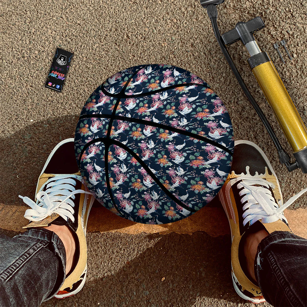 Chrysanthemums And Japanese Cranes Print Basketball - Image 2