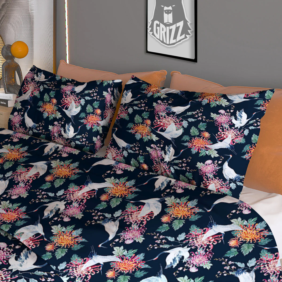 Chrysanthemums And Japanese Cranes Print Duvet Cover Bedding Set - Image 3