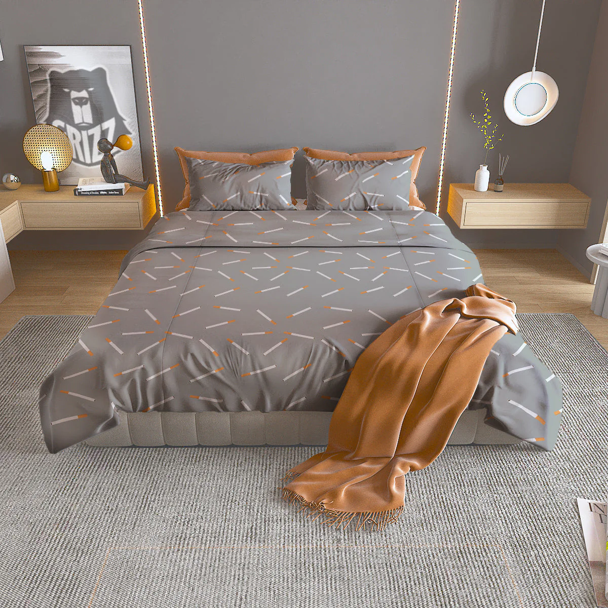 Cigarette Gray Print Pattern Duvet Cover Bedding Set
