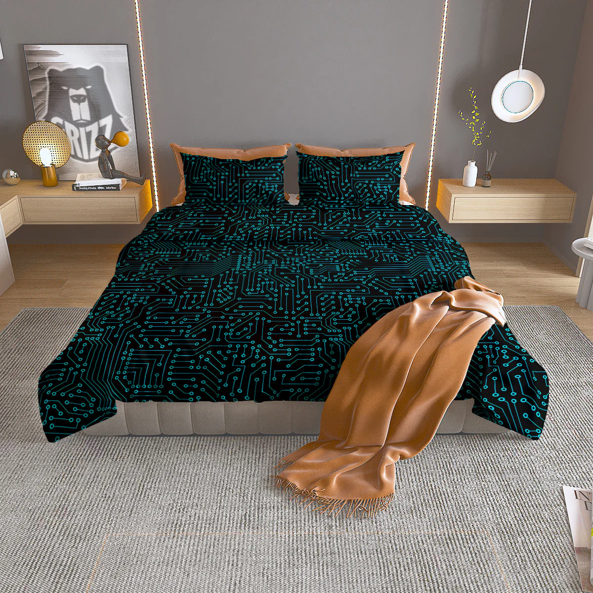 Circuit Black Blue Print Pattern Duvet Cover Bedding Set