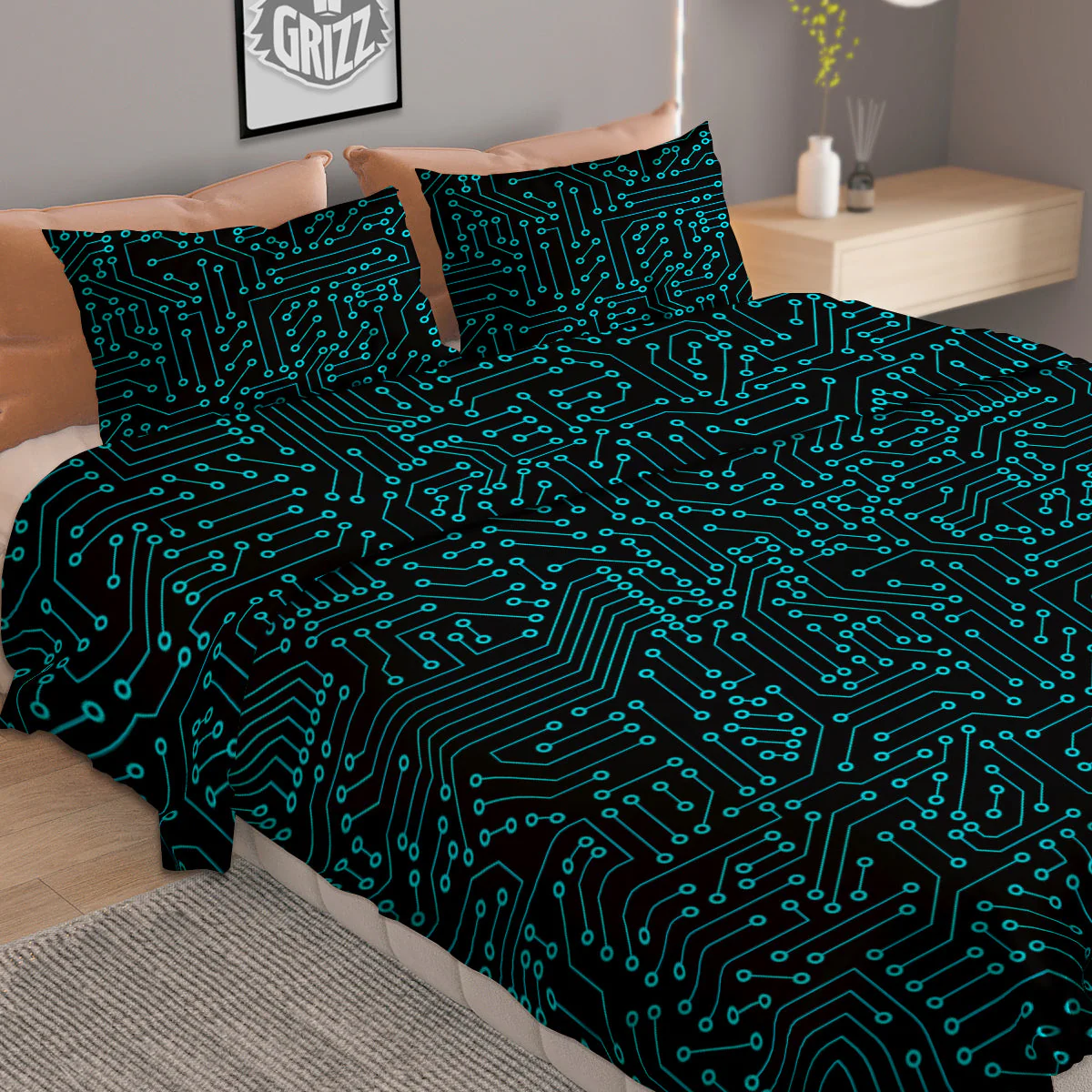Circuit Black Blue Print Pattern Duvet Cover Bedding Set - Image 2