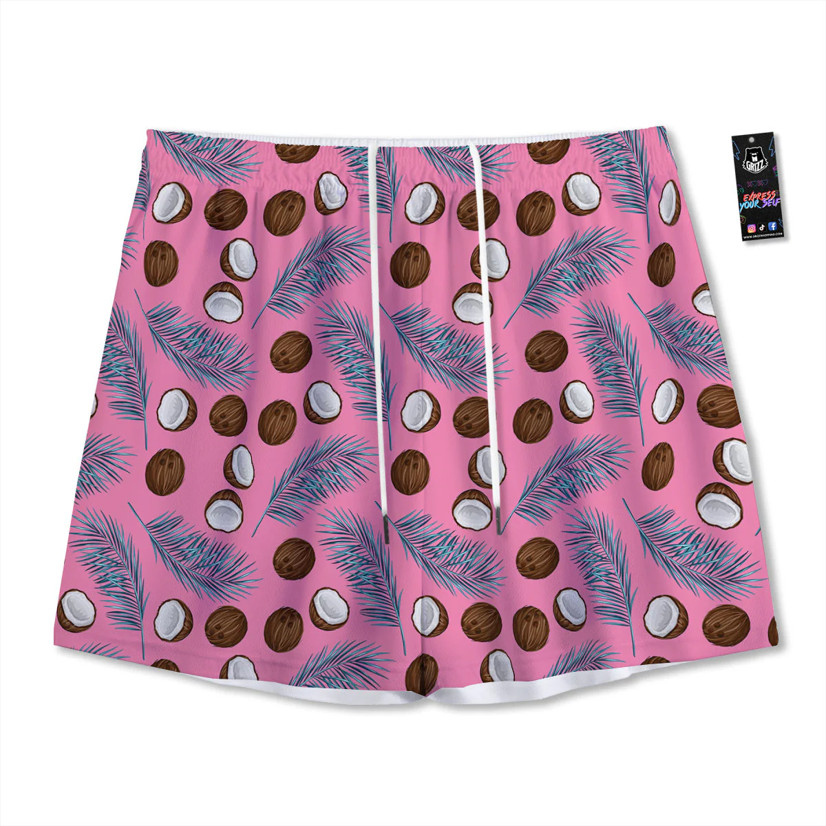 Coconut Pink And Palm Leaf Print Pattern Mesh Shorts
