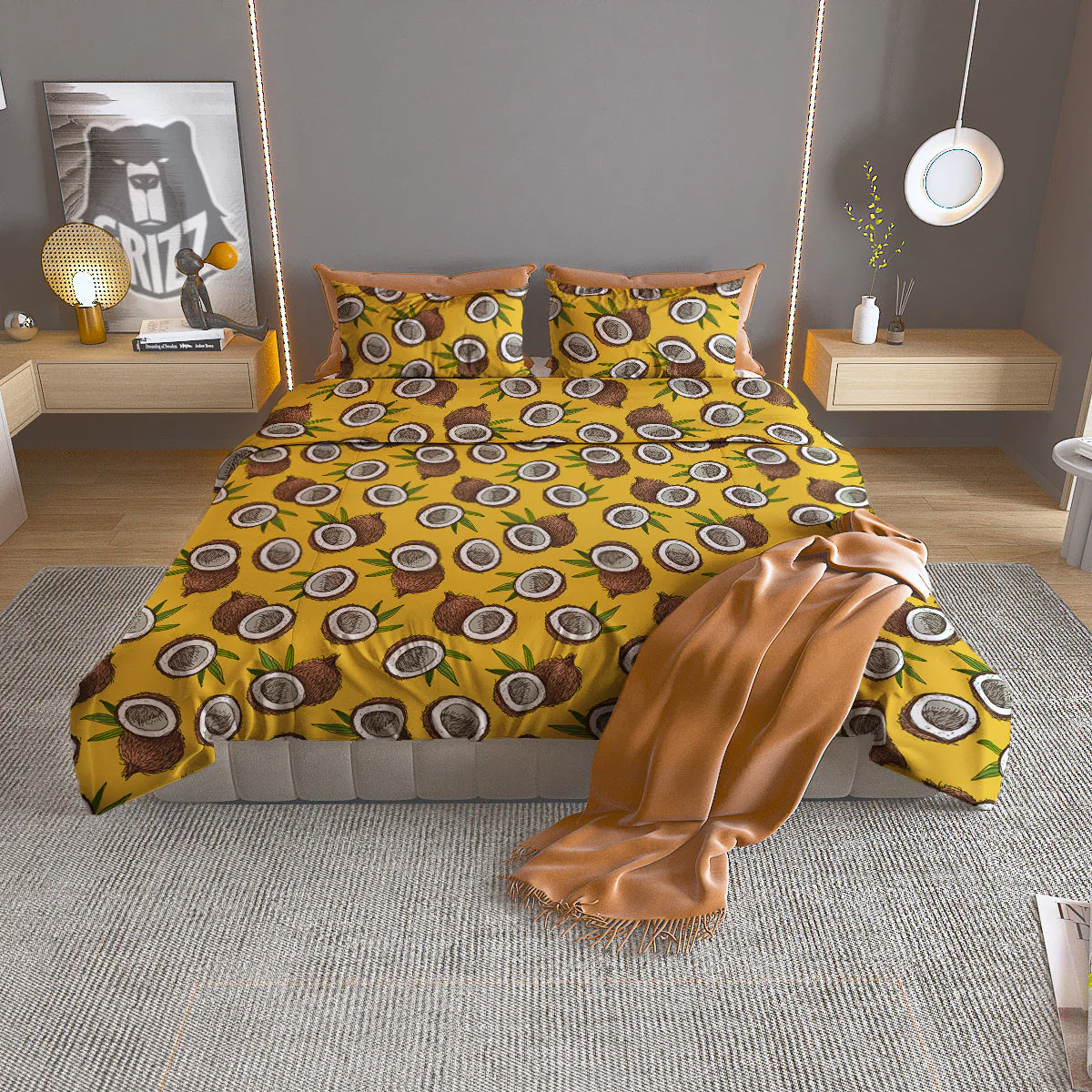 Coconut Yellow Vintage Print Pattern Duvet Cover Bedding Set
