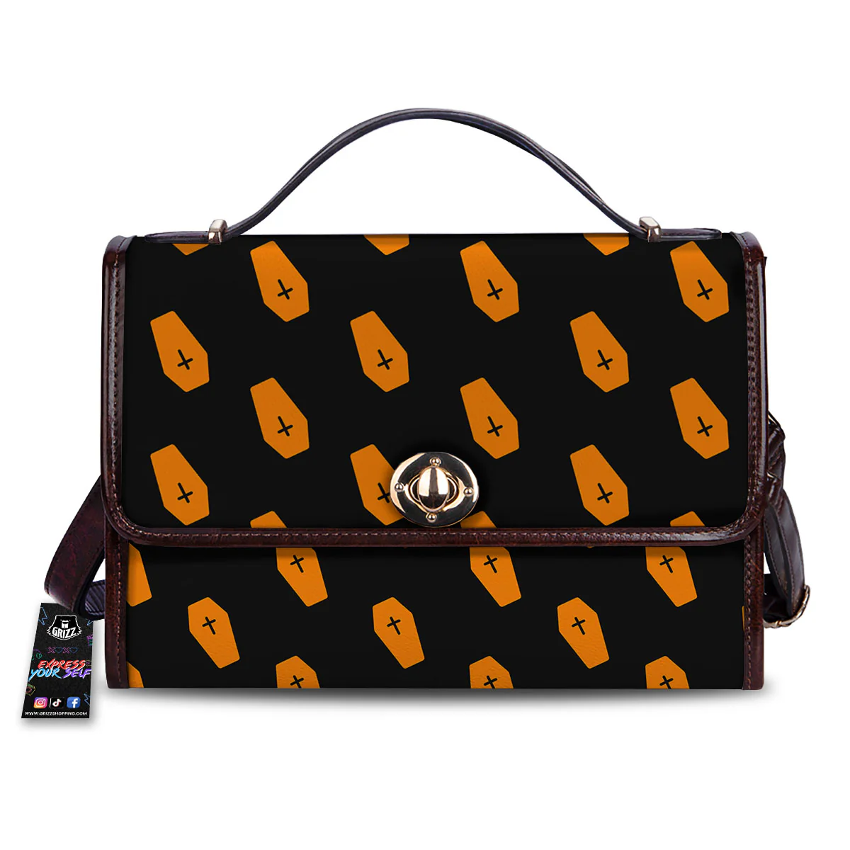 Coffin Orange Halloween Print Pattern Women's Satchel Bag