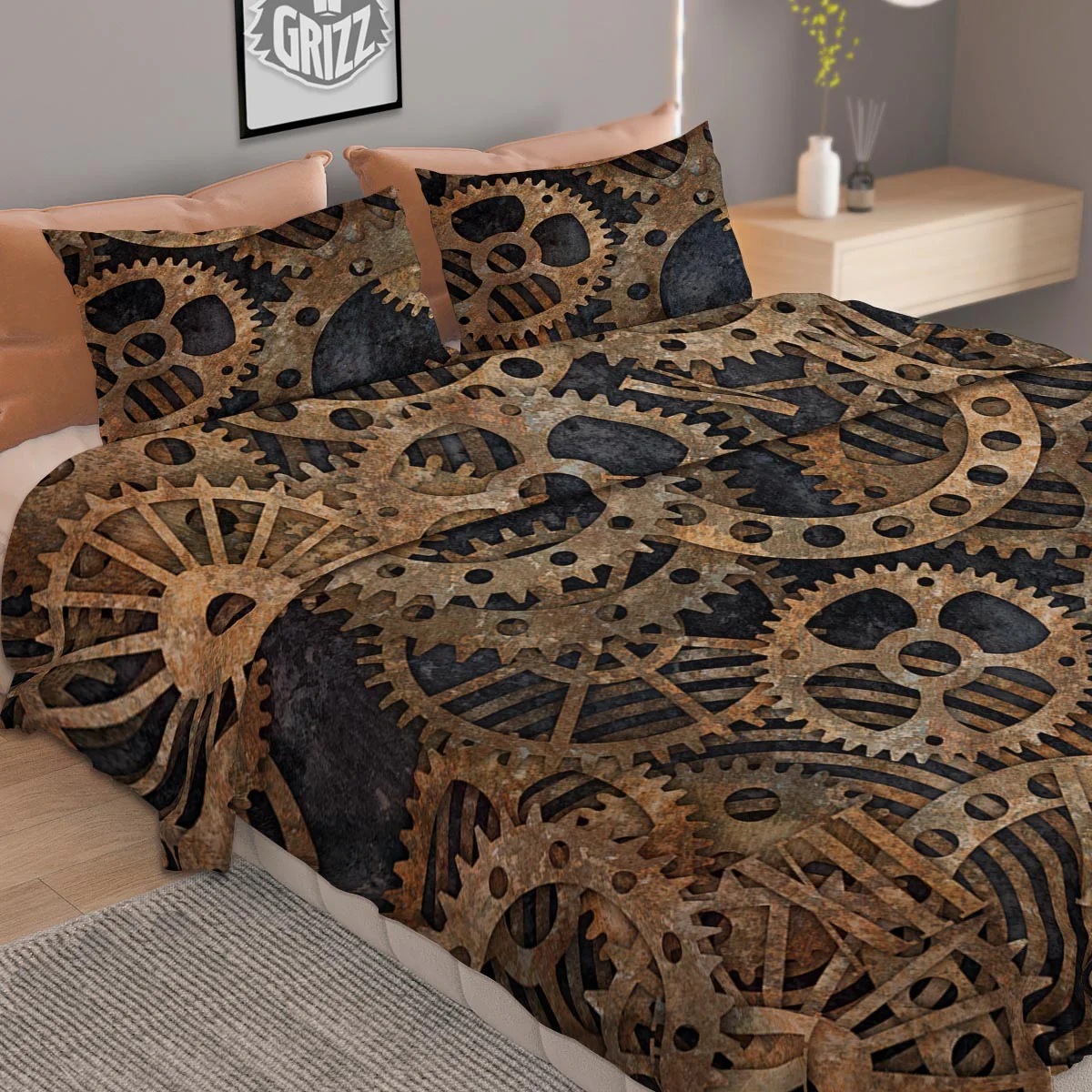 Cogs And Gears Steampunk Brass Print Duvet Cover Bedding Set - Image 2