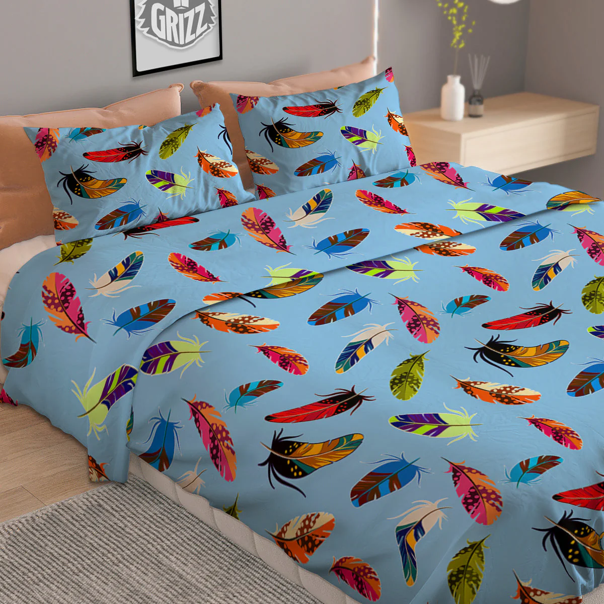 Colored Feathers Print Pattern Duvet Cover Bedding Set - Image 2