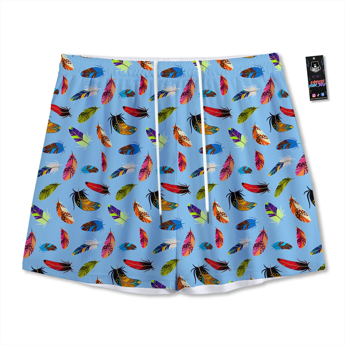 Colored Feathers Print Pattern Mesh Shorts