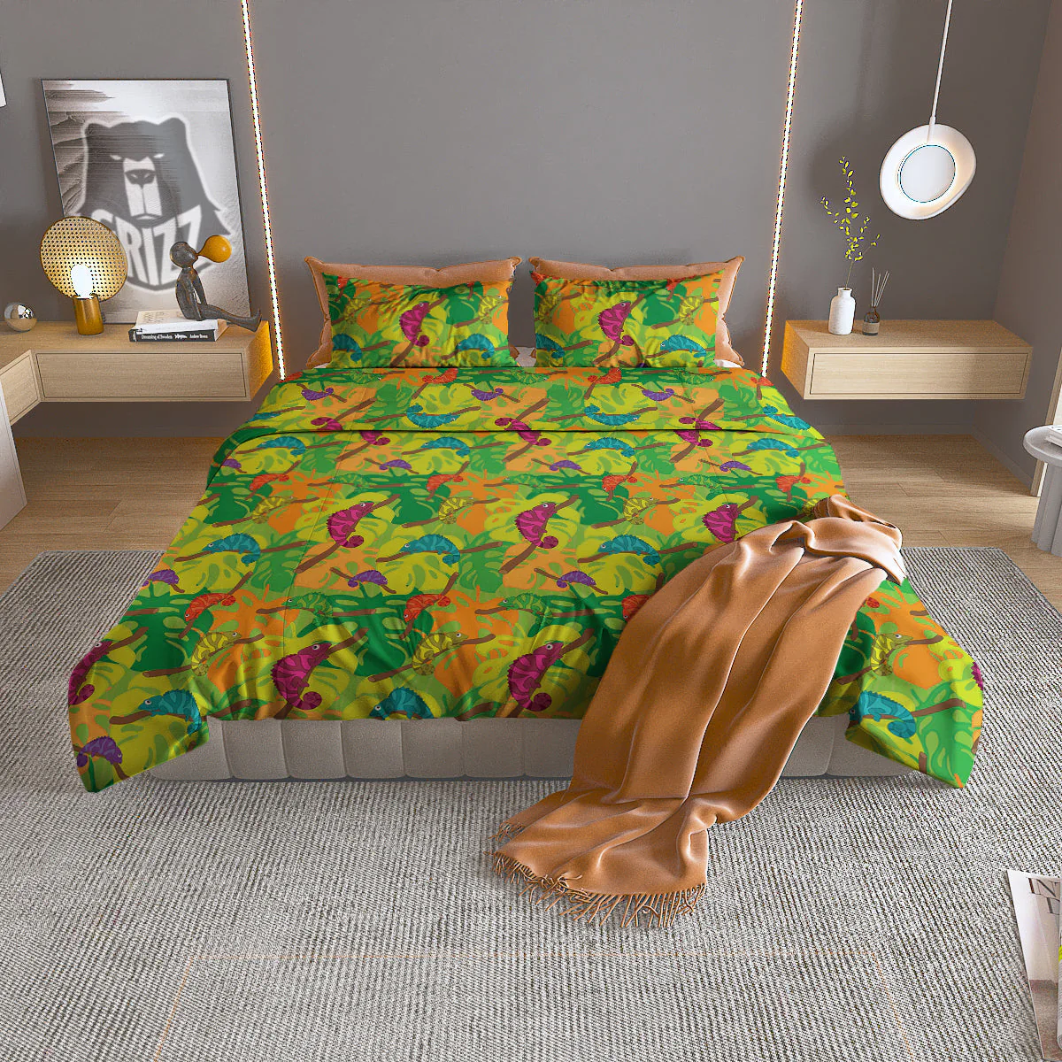 Colorful Chamaleon And Monstera Tropic Leave Print Pattern Duvet Cover Bedding Set