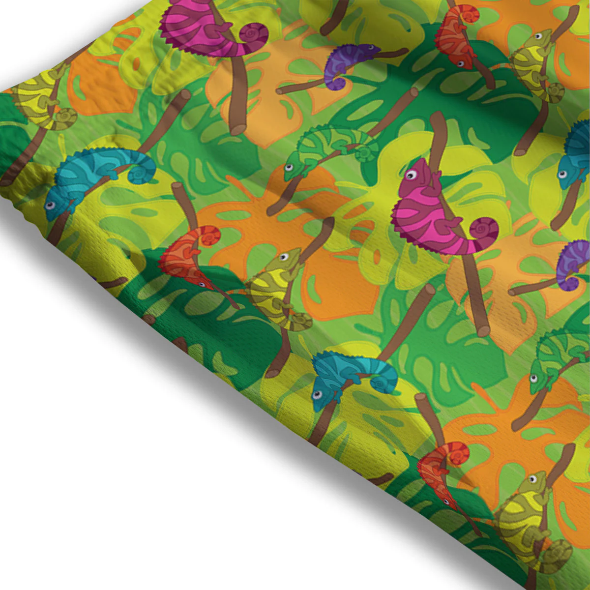 Colorful Chamaleon And Monstera Tropic Leave Print Pattern Mesh Shorts - Image 3