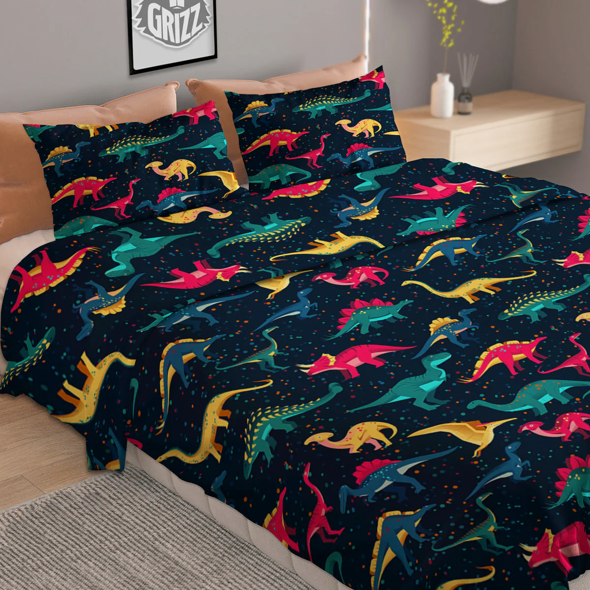 Colorful Cute Dinosaurs Print Pattern Duvet Cover Bedding Set - Image 2