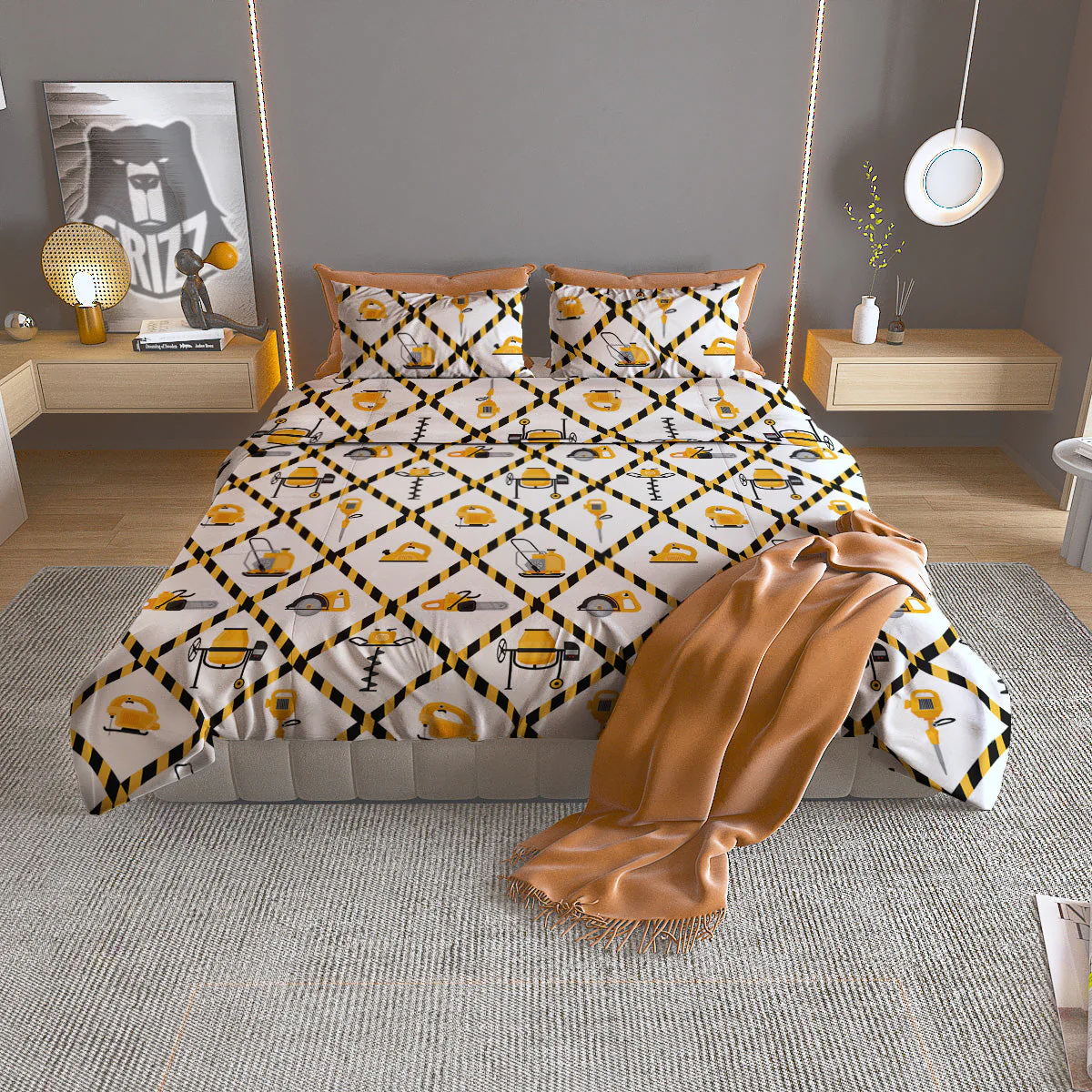 Construction Equipment Yellow Print Pattern Duvet Cover Bedding Set
