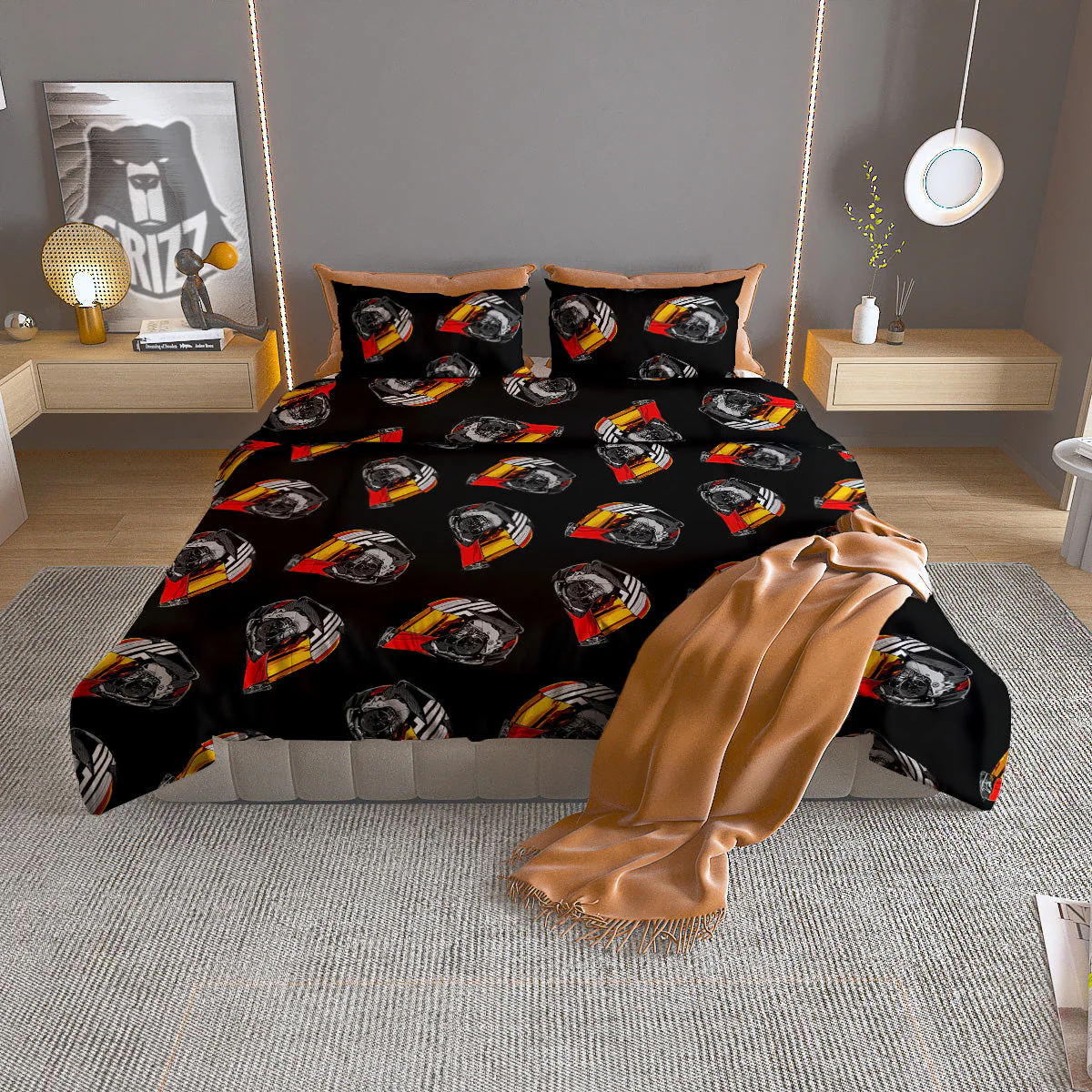 Cool Biker Helmet Print Pattern Duvet Cover Bedding Set