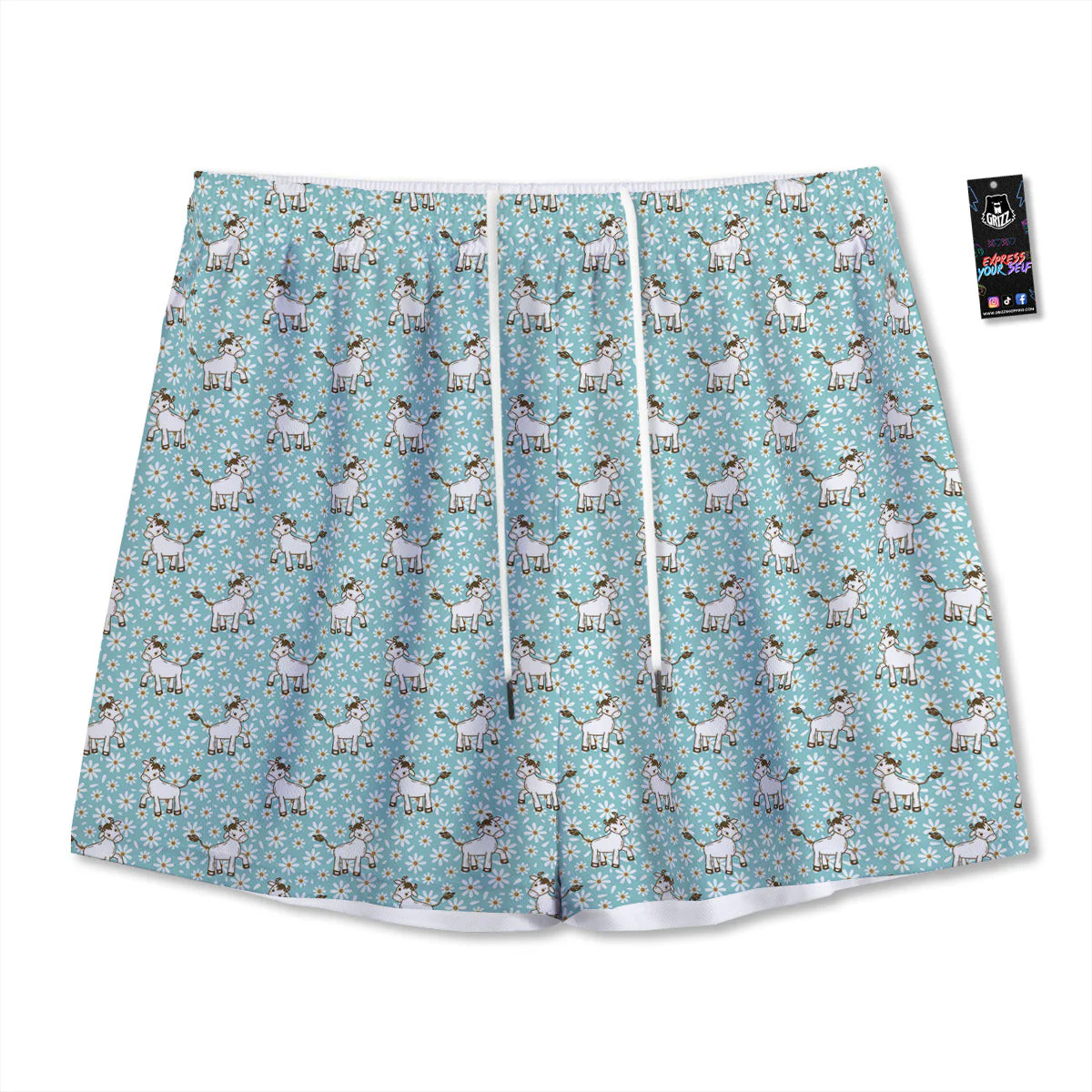 Cow And Cartoon Daisy Print Pattern Mesh Shorts
