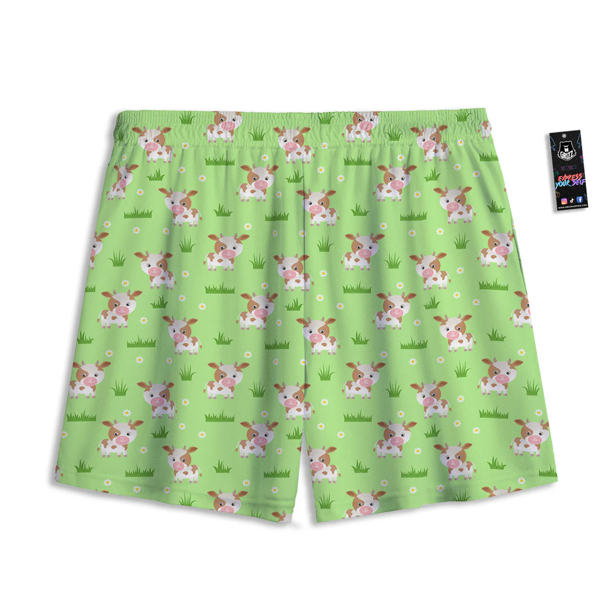 Cow And Green Grass Print Pattern Mesh Shorts - Image 2