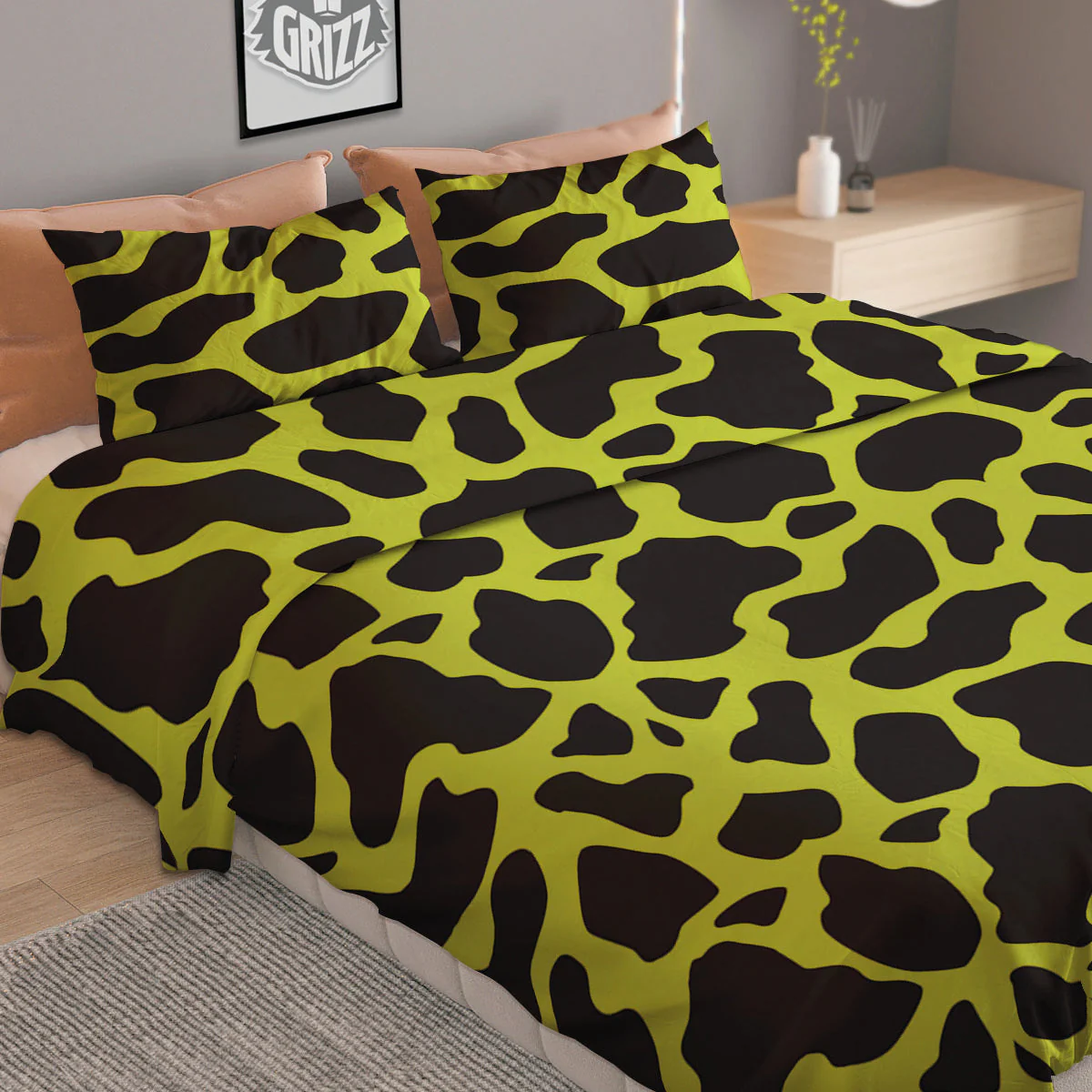 Cow Black And Lime Green Print Pattern Duvet Cover Bedding Set - Image 2