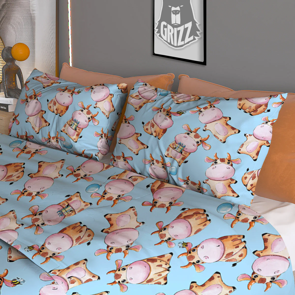 Cow Cartoon Watercolor Print Pattern Duvet Cover Bedding Set - Image 3