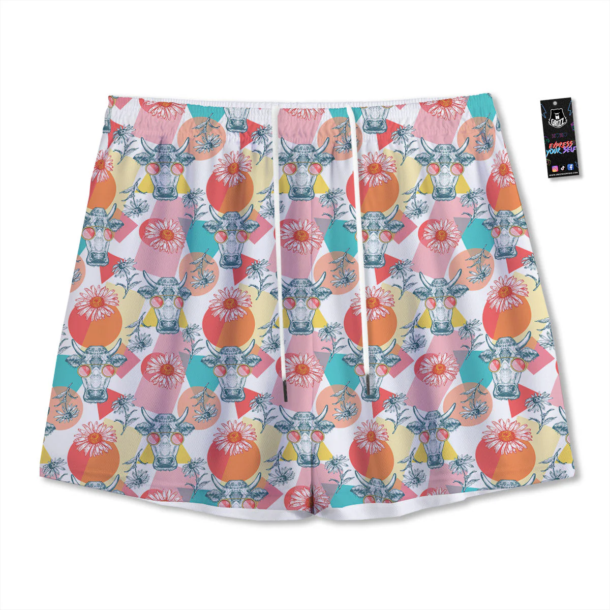 Cow Colorful Print Pattern Mesh Shorts