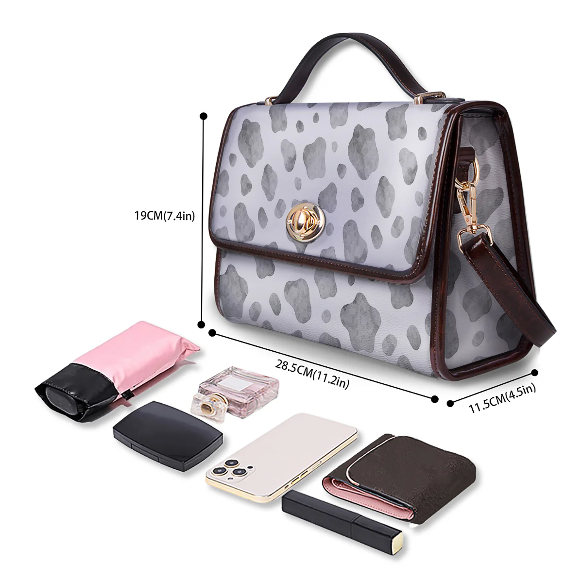 Cow Grey And White Print Pattern Women's Satchel Bag - Image 4