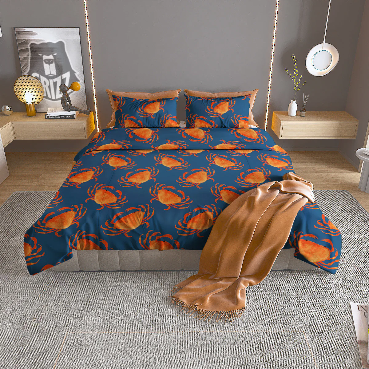Crab Watercolor Print Pattern Duvet Cover Bedding Set