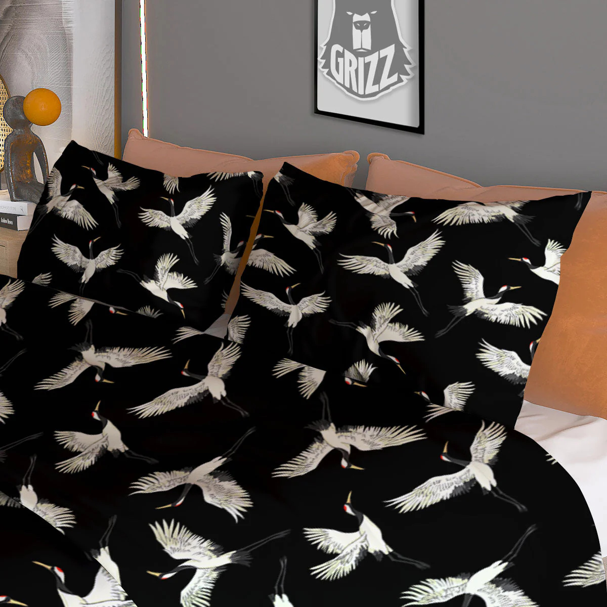 Crane Bird Flying Print Pattern Duvet Cover Bedding Set - Image 3