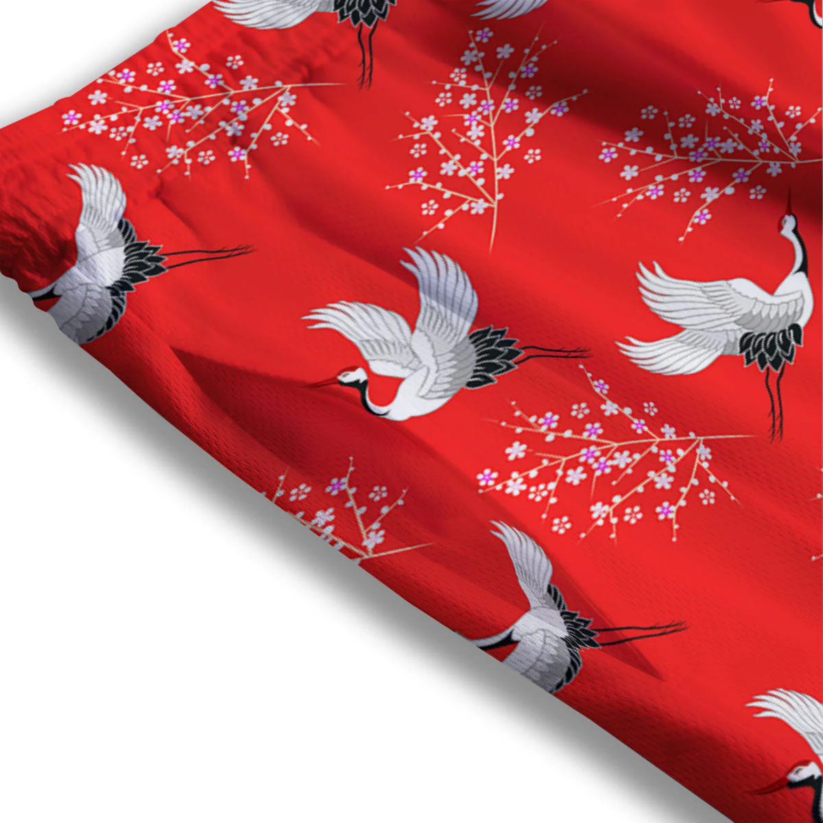 Crane Bird Japanese Print Pattern Mesh Shorts - Image 3