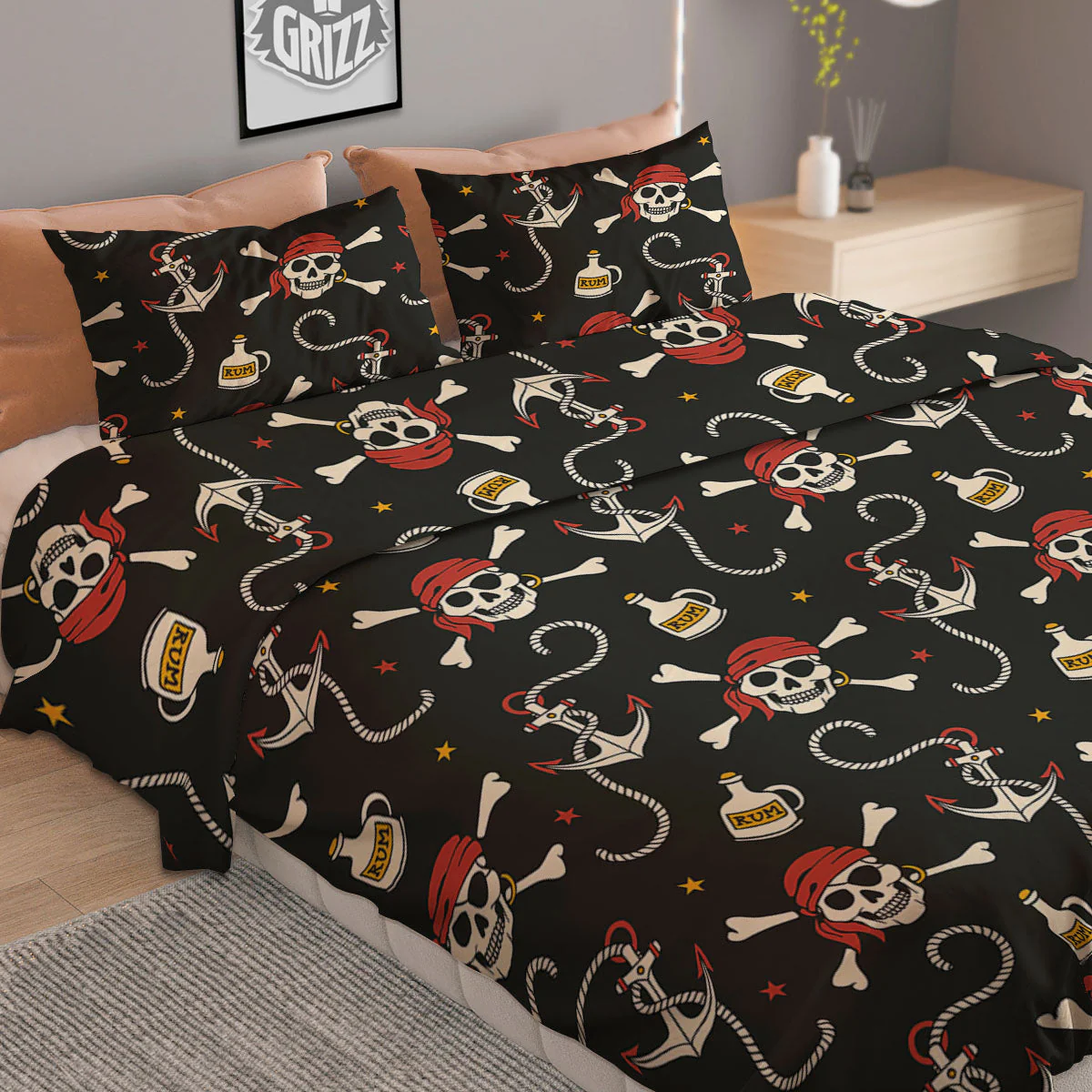 Crossbones Pirate Skull Print Pattern Duvet Cover Bedding Set - Image 2