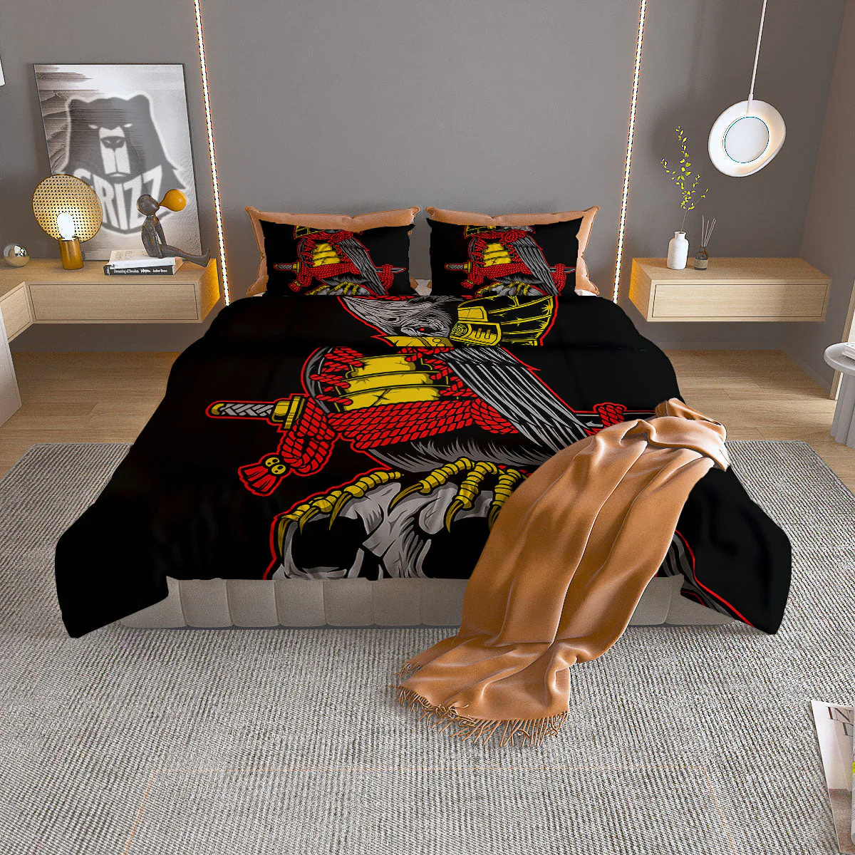 Crow And Samurai Print Duvet Cover Bedding Set
