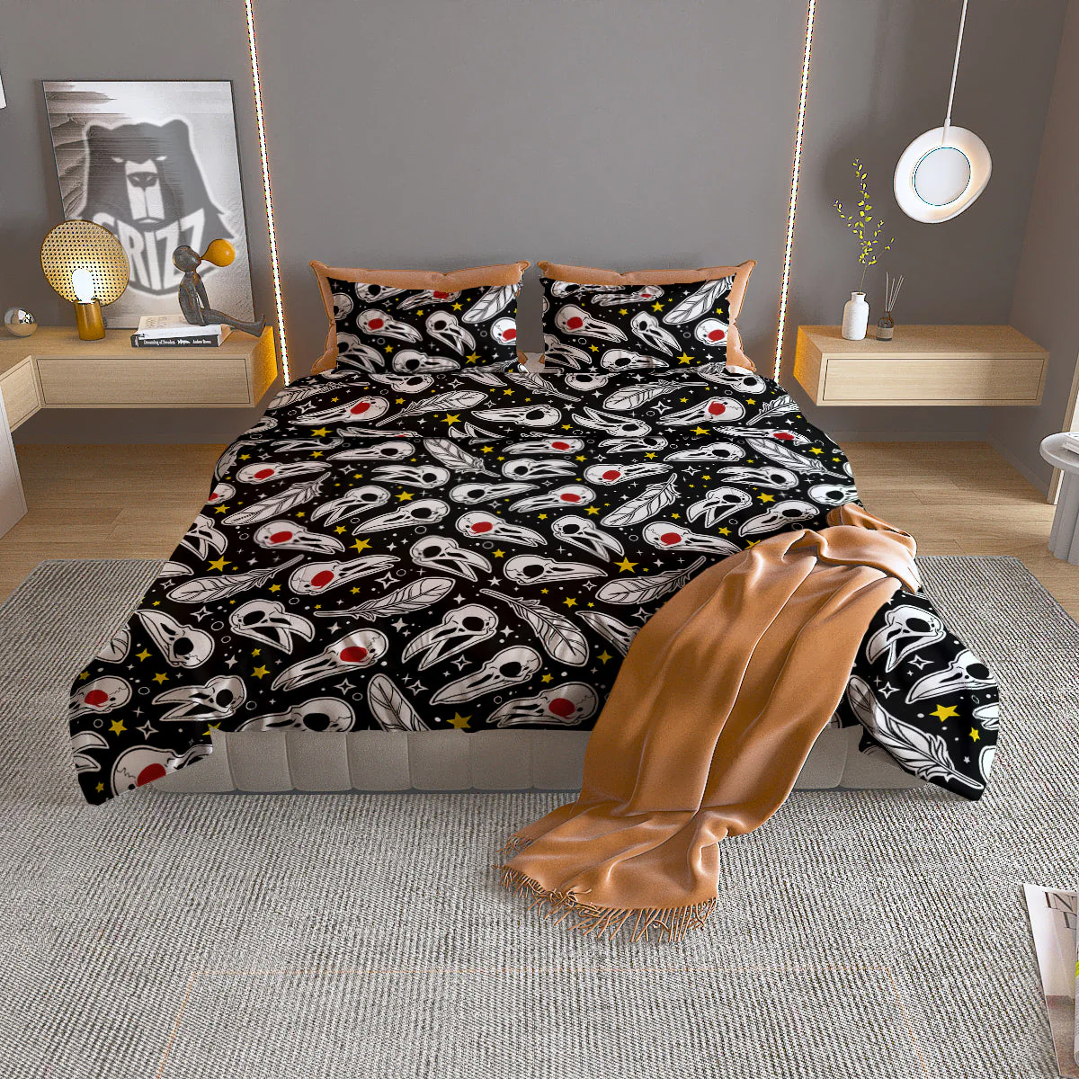 Crow Skull And Feathers Print Pattern Duvet Cover Bedding Set