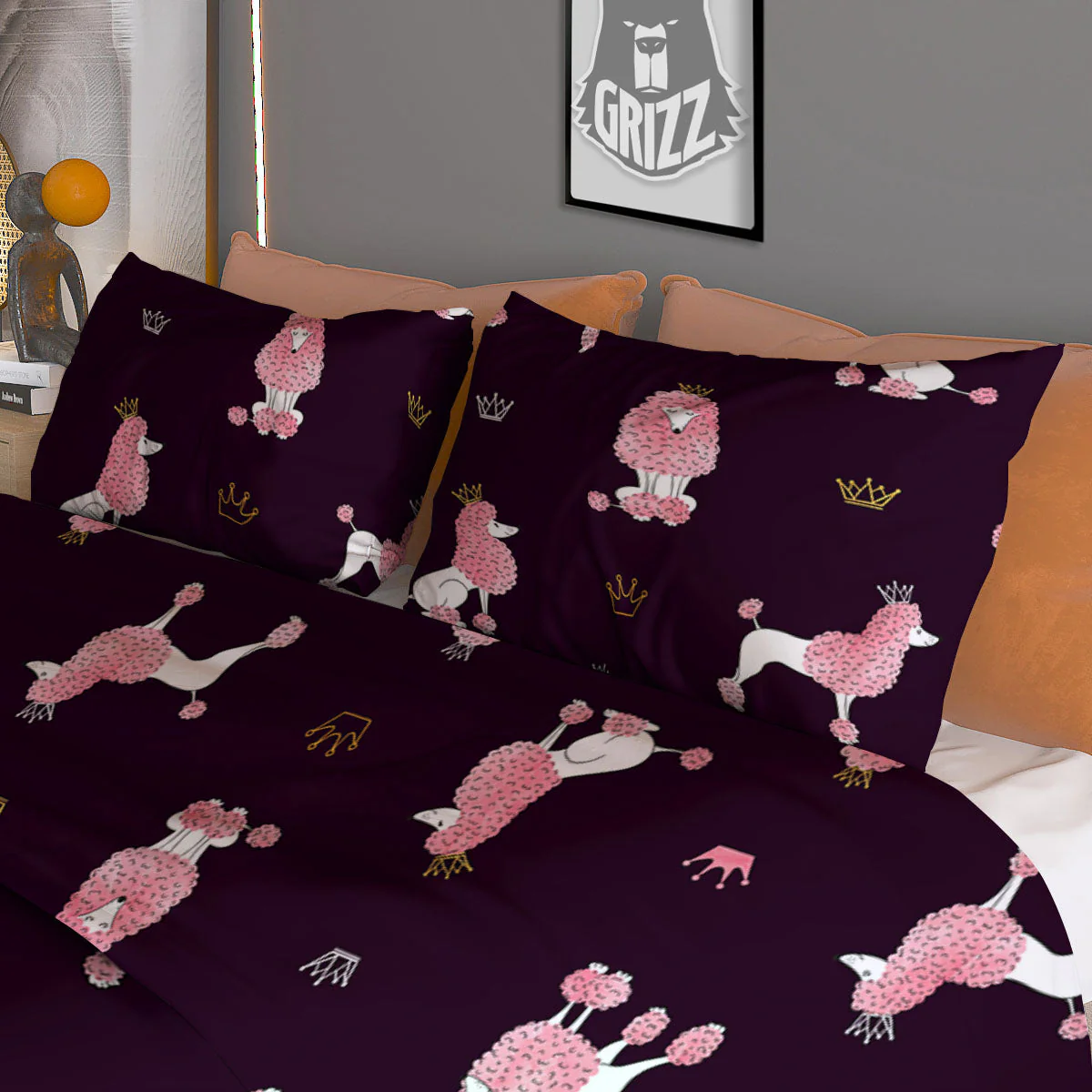 Crown And Poodle Print Pattern Duvet Cover Bedding Set - Image 3