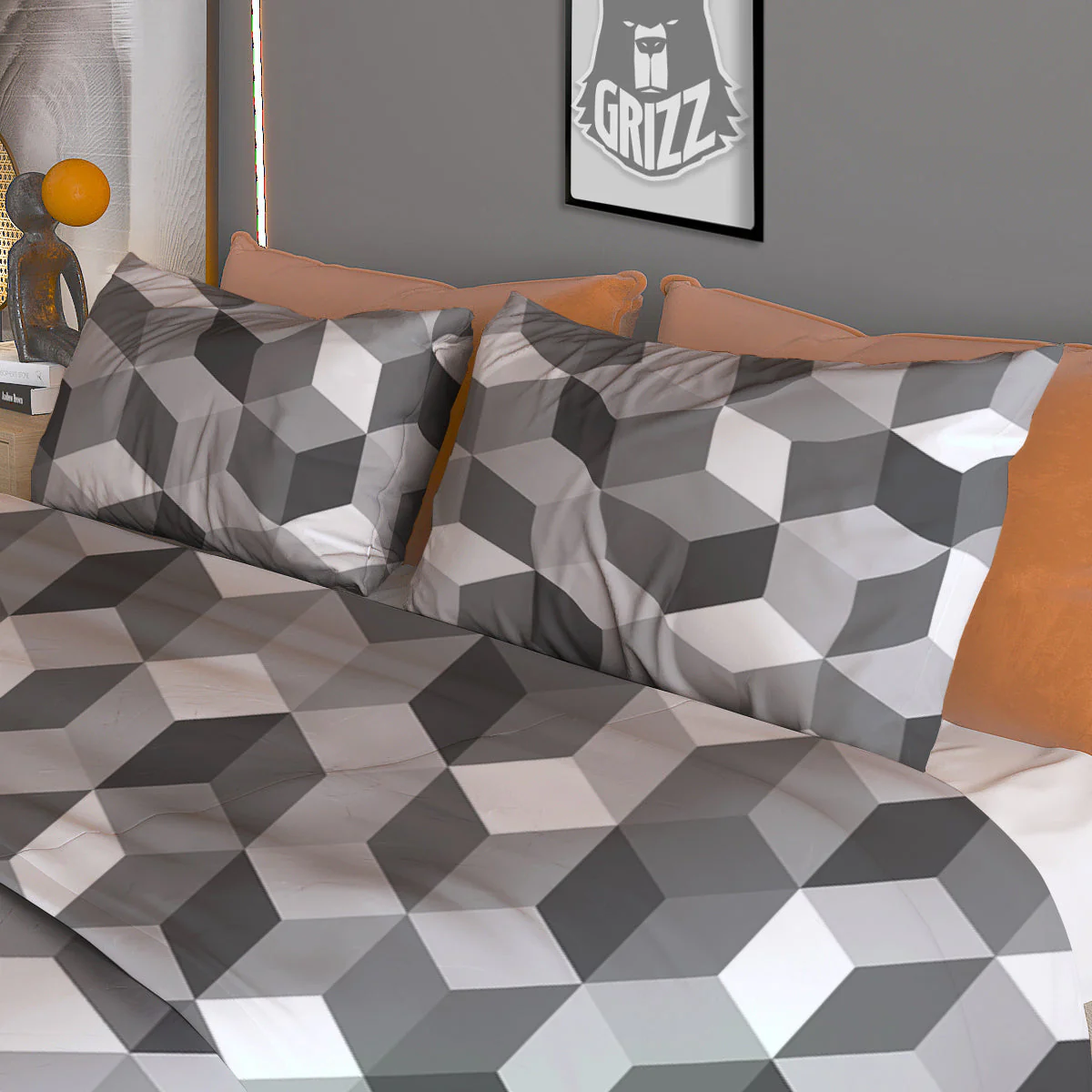 Cube Geometric Shape White Print Pattern Duvet Cover Bedding Set - Image 3