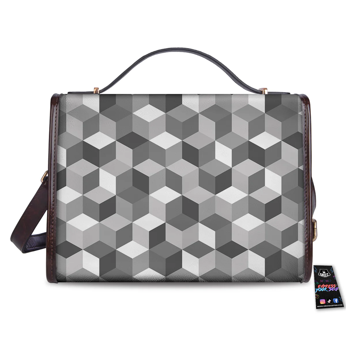 Cube Geometric Shape White Print Pattern Women's Satchel Bag - Image 2