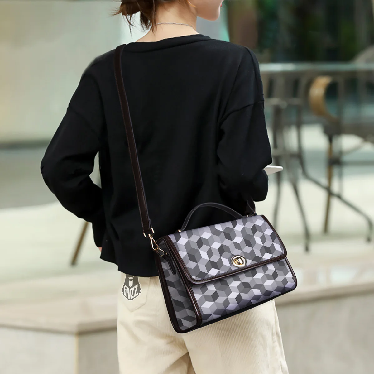 Cube Geometric Shape White Print Pattern Women's Satchel Bag - Image 3