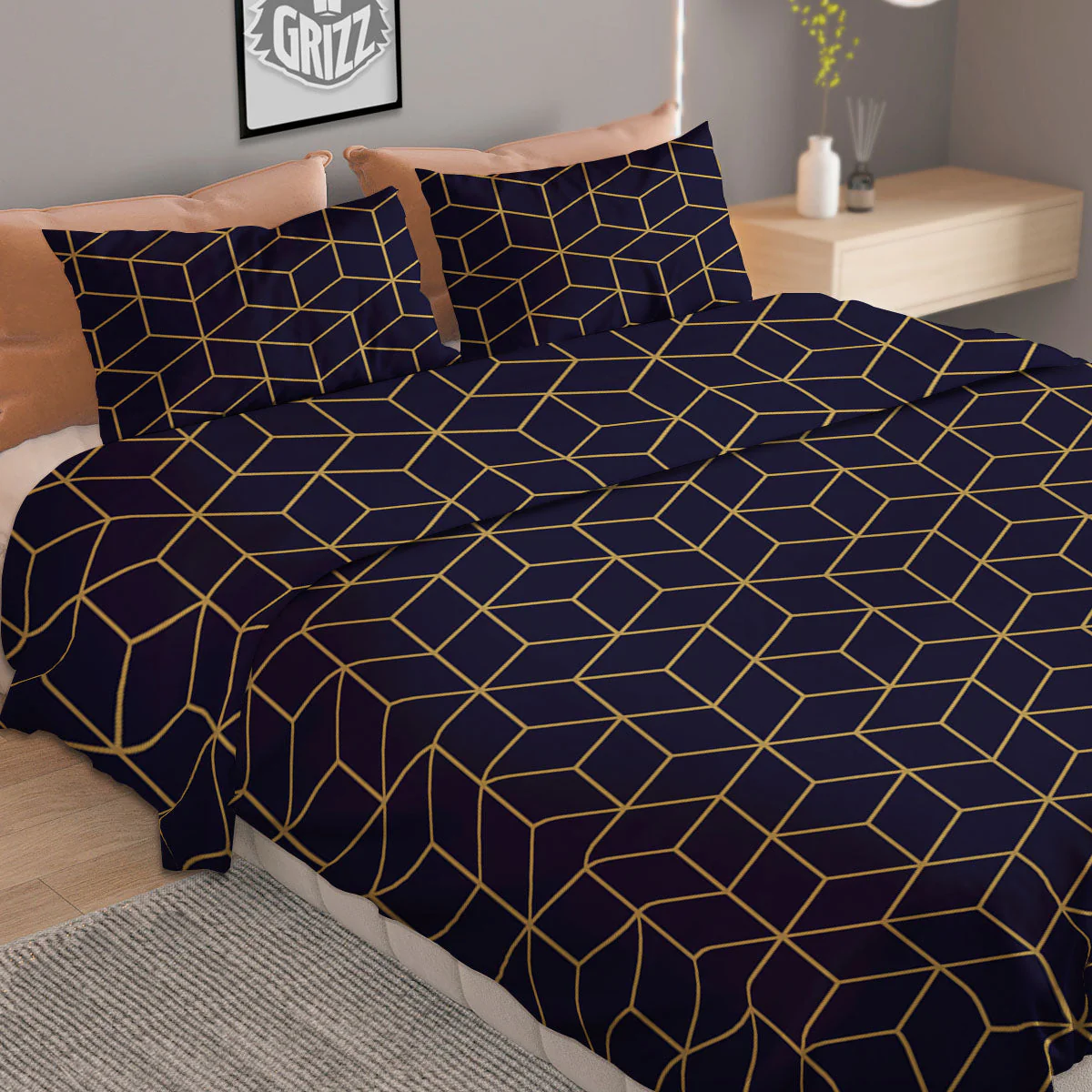Cube Shape Black Geometric Print Pattern Duvet Cover Bedding Set - Image 2