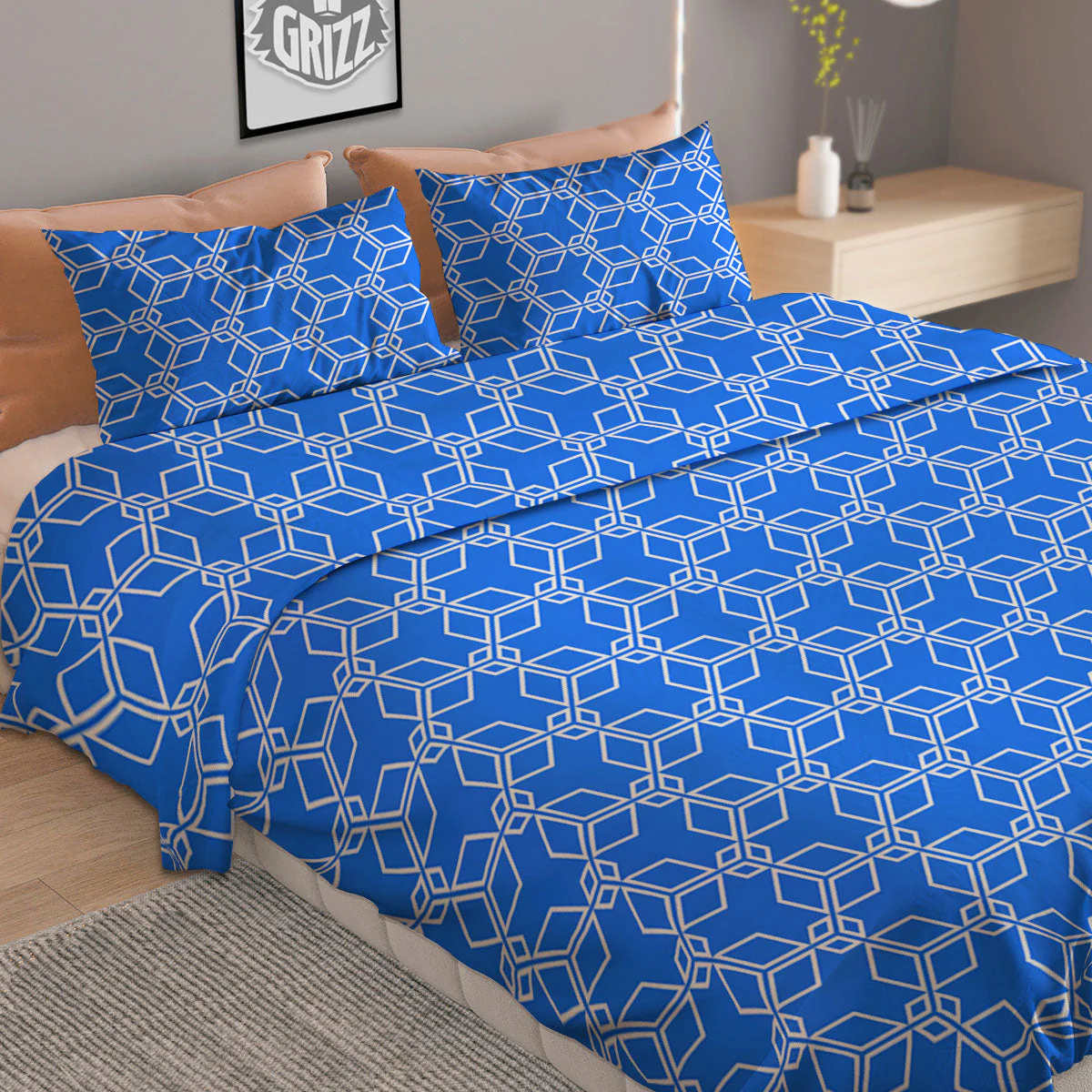 Cube Shape Blue Geometric Print Pattern Duvet Cover Bedding Set - Image 2