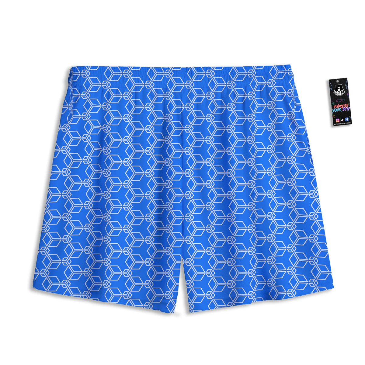 Cube Shape Blue Geometric Print Pattern Mesh Shorts - Image 2