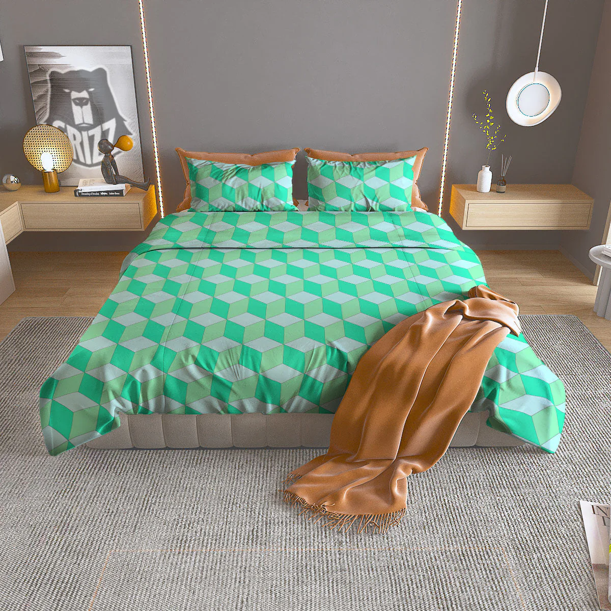 Cube Shape Green Geometric Print Pattern Duvet Cover Bedding Set