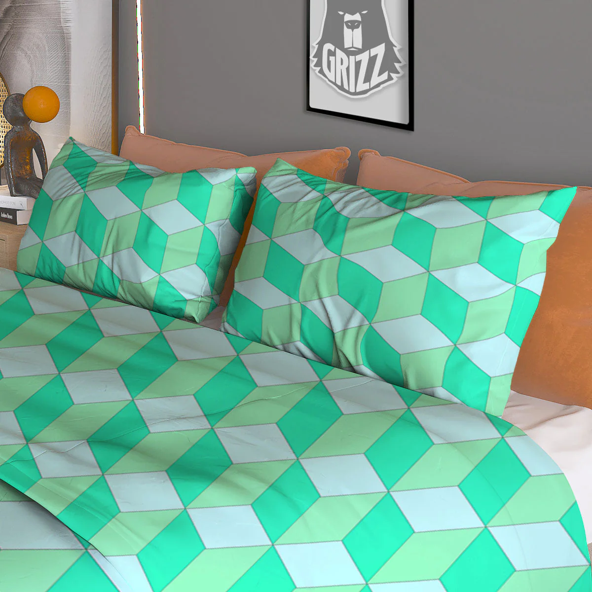 Cube Shape Green Geometric Print Pattern Duvet Cover Bedding Set - Image 3