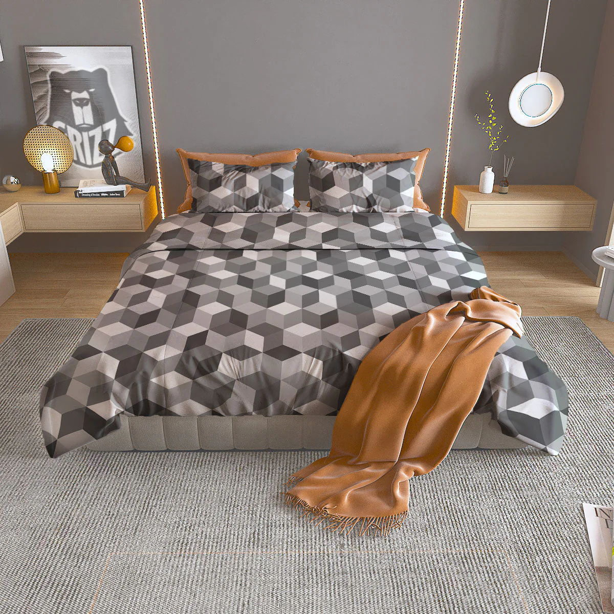 Cube Shape Grey Geometric Print Pattern Duvet Cover Bedding Set